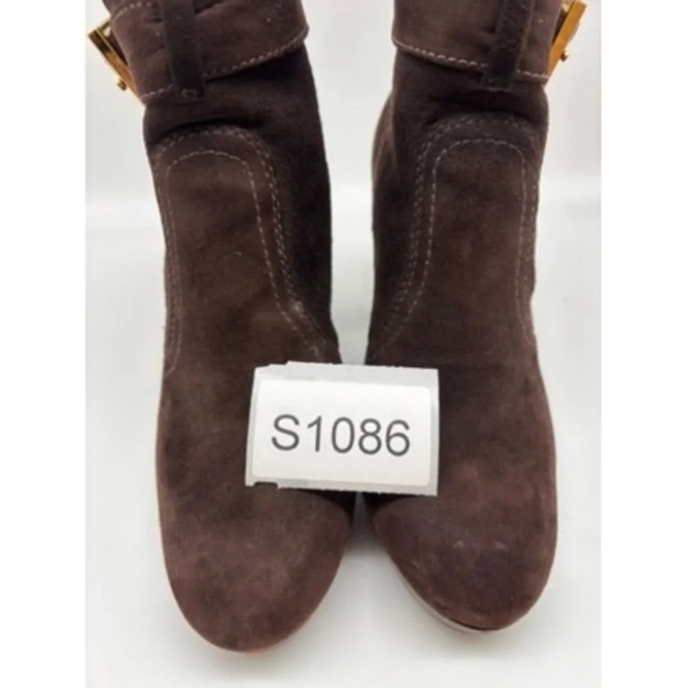 Tory Burch Ankle Boots Women‎ 6.5 Brown Suede Melrose Buckle Logo Back Zip Heel